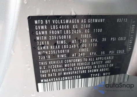 2013 Volkswagen Tiguan Se from USA, damaged, VIN WVGAV3AX3DW607236